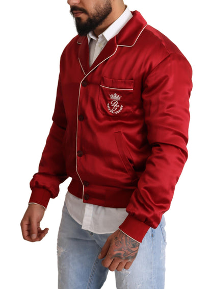 Blouson aviateur en soie rouge Dolce & Gabbana avec boutons logo DG