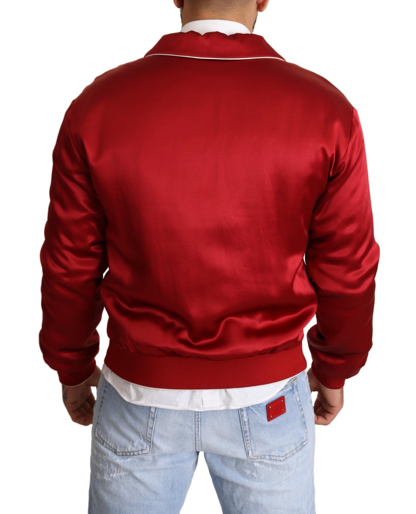 Blouson aviateur en soie rouge Dolce & Gabbana avec boutons logo DG