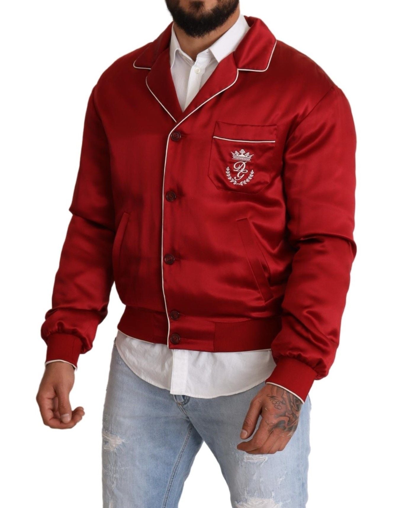 Blouson aviateur en soie rouge Dolce & Gabbana avec boutons logo DG