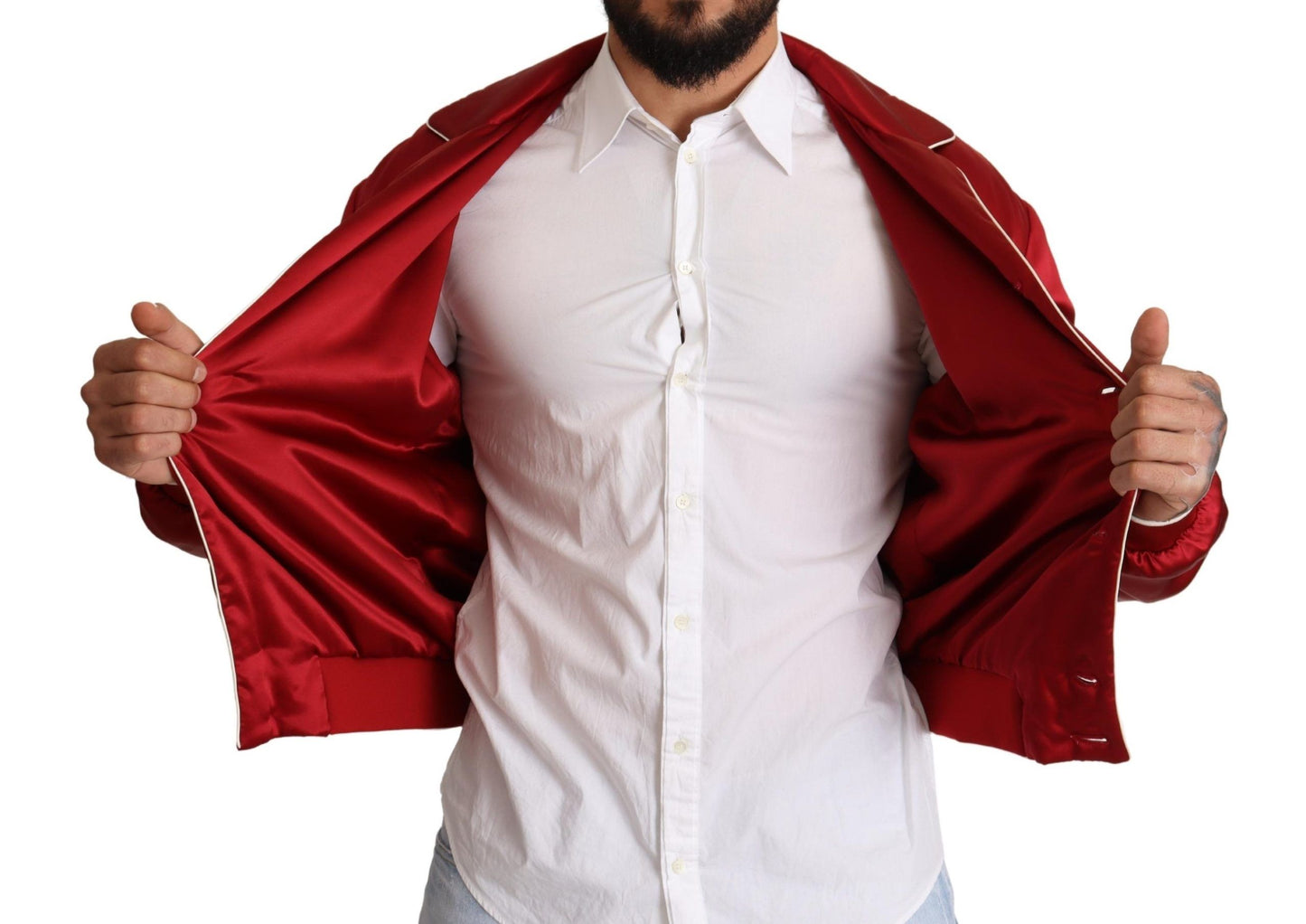 Blouson aviateur en soie rouge Dolce & Gabbana avec boutons logo DG