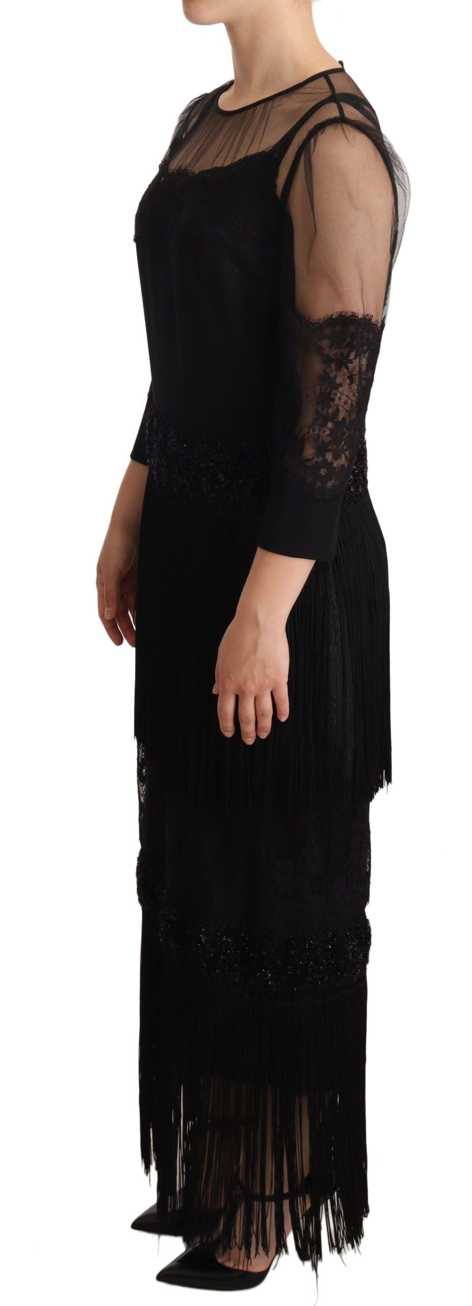 Robe longue Dolce & Gabbana noire en dentelle florale transparente et cristaux