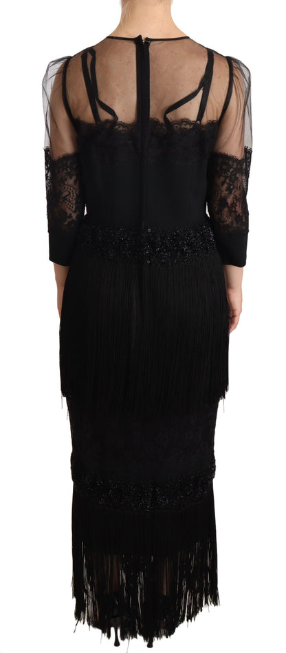 Robe longue Dolce & Gabbana noire en dentelle florale transparente et cristaux