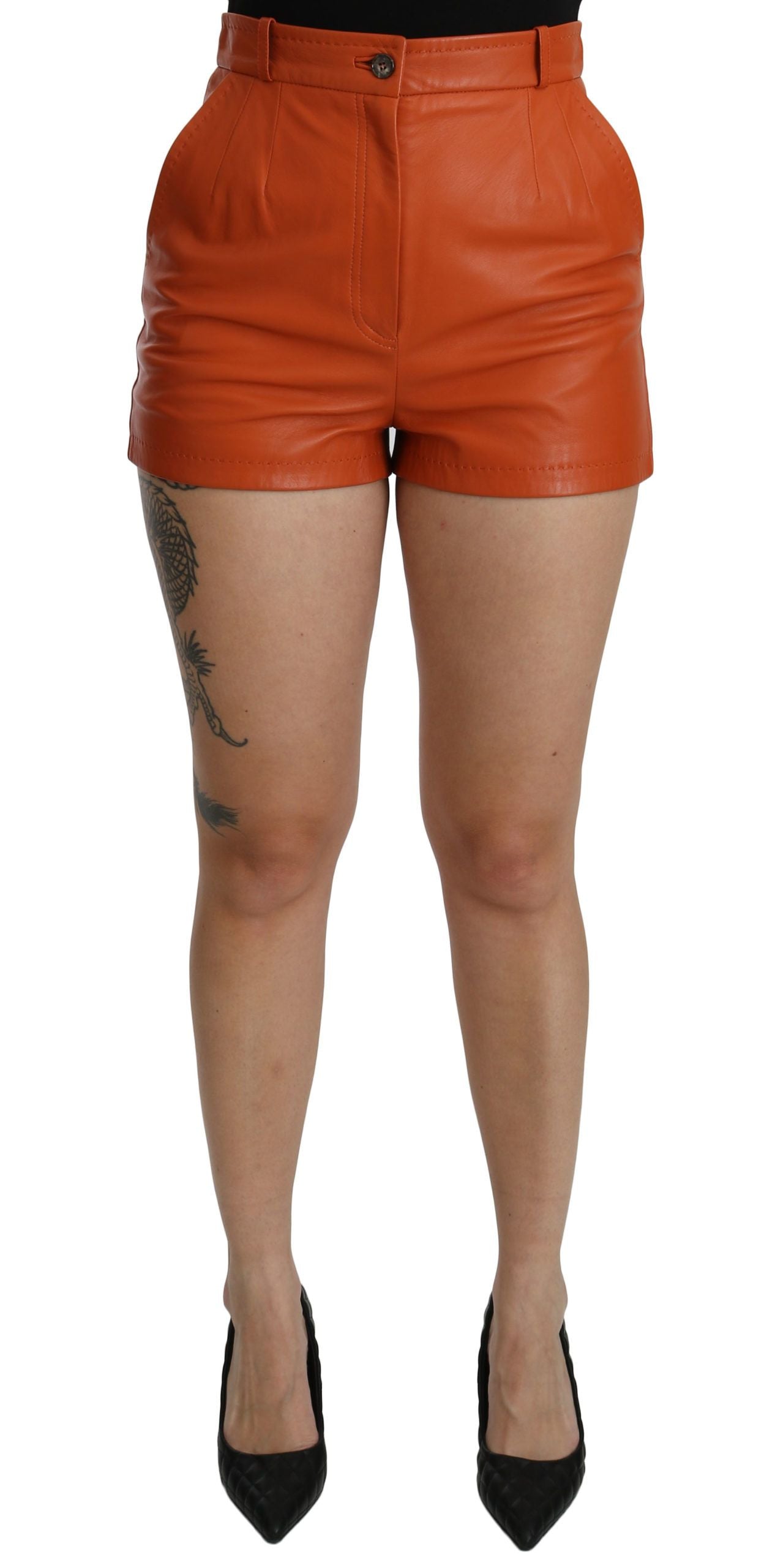 Shorts Hot Pants Taille Haute en Cuir Orange Dolce & Gabbana