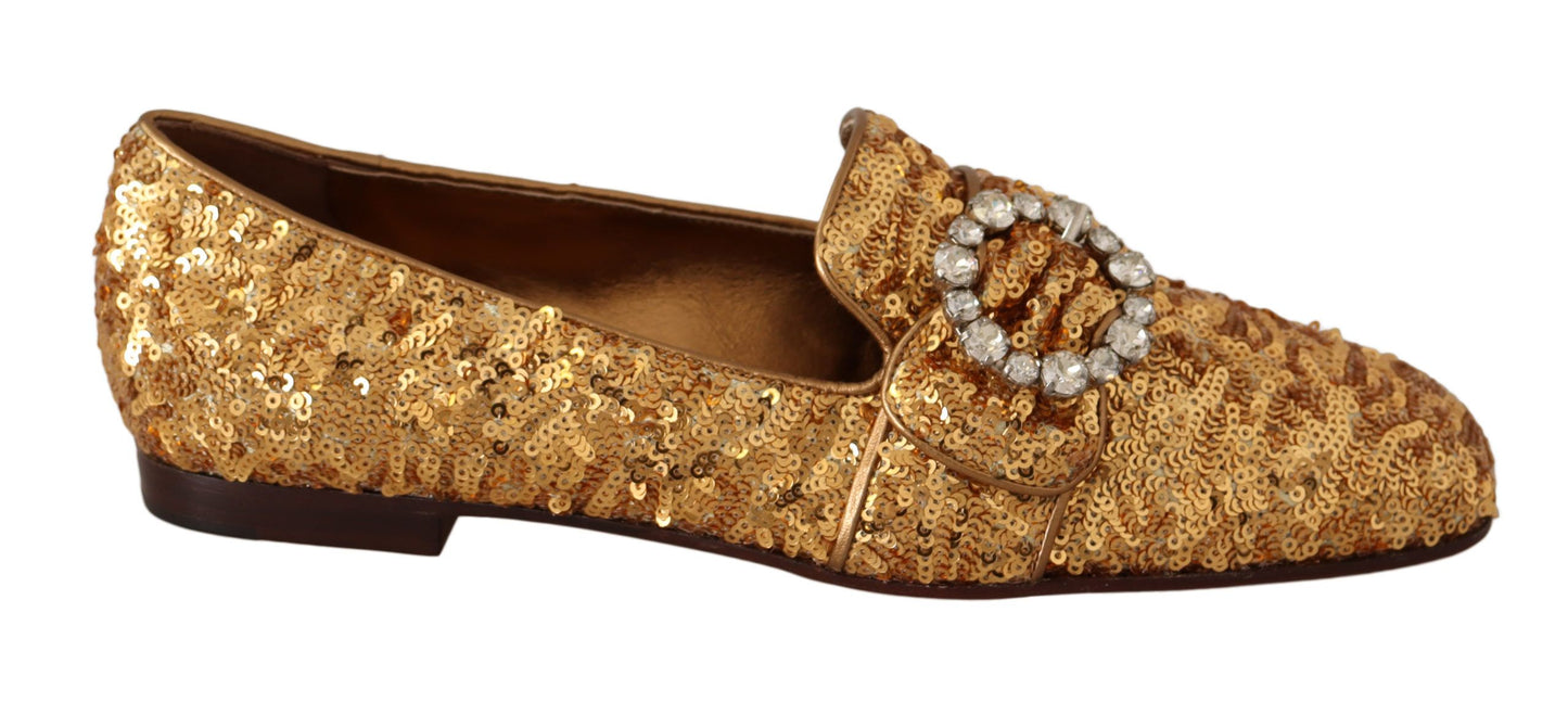 Chaussures mocassins plates Dolce & Gabbana pour femme en sequins dorés et cristaux