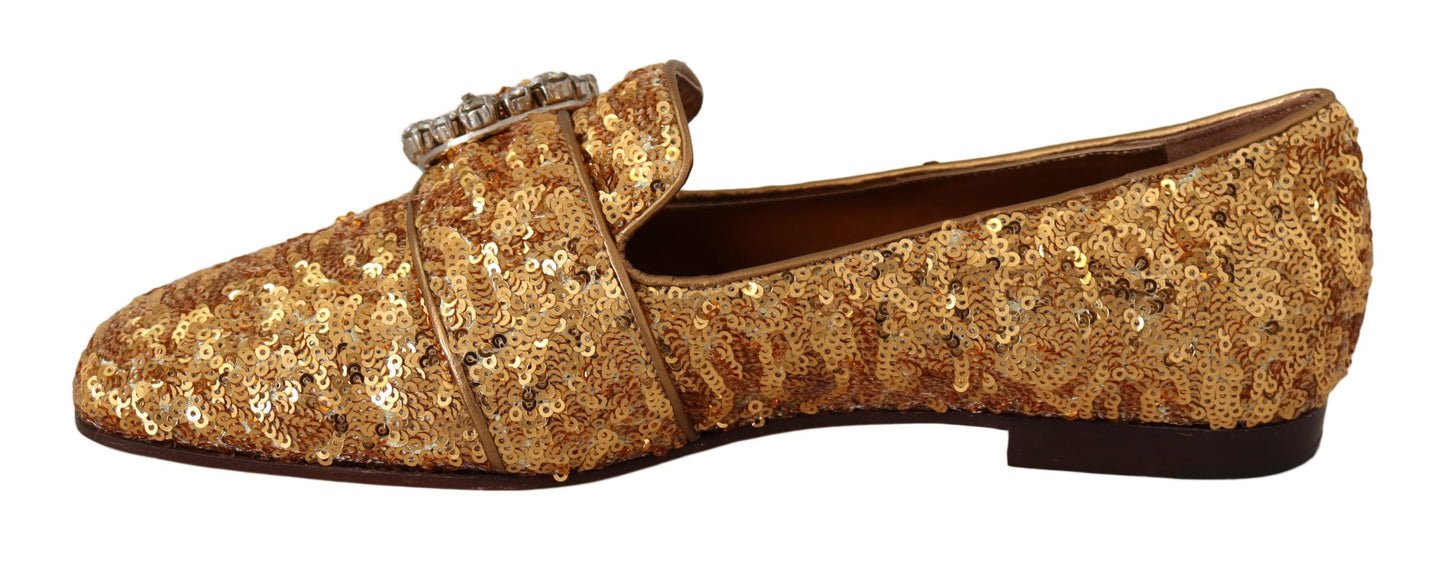 Chaussures mocassins plates Dolce & Gabbana pour femme en sequins dorés et cristaux