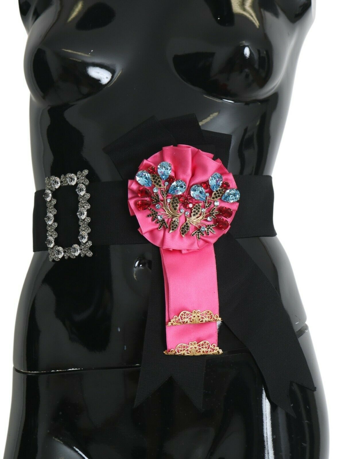 Ceinture en coton Dolce & Gabbana noire avec broche fleur rose et cristaux