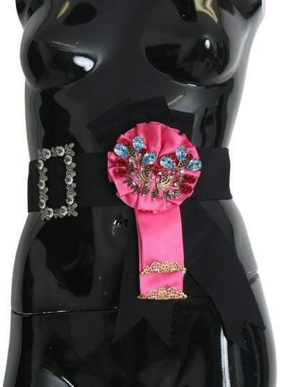 Ceinture en coton Dolce & Gabbana noire avec broche fleur rose et cristaux