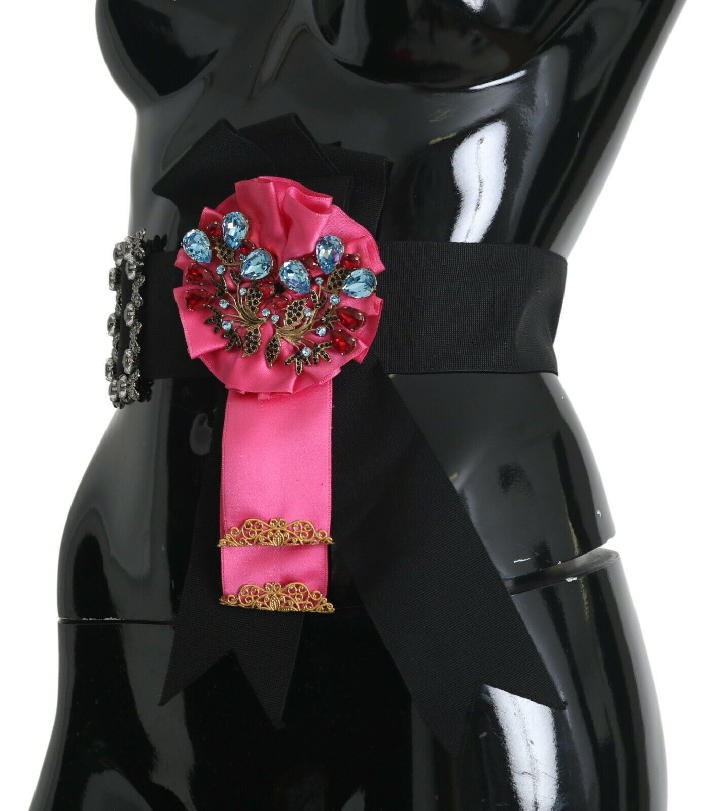 Ceinture en coton Dolce & Gabbana noire avec broche fleur rose et cristaux