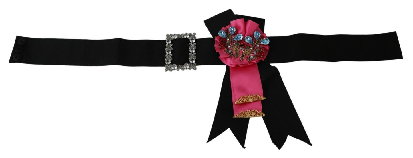 Ceinture en coton Dolce & Gabbana noire avec broche fleur rose et cristaux