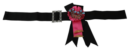 Ceinture en coton Dolce & Gabbana noire avec broche fleur rose et cristaux