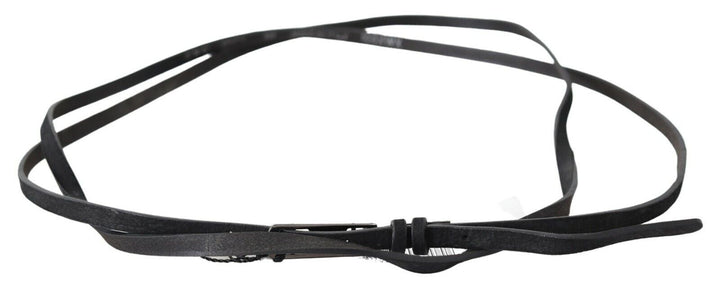 Costume National Black Leather Skinny Logo Buckle Belt