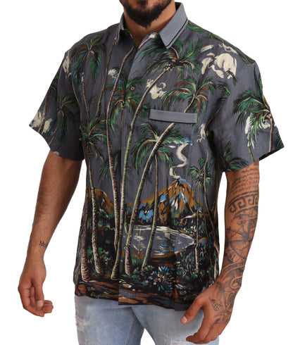Chemise à col imprimé tropical en lin gris Dolce & Gabbana