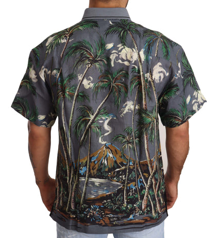 Chemise à col imprimé tropical en lin gris Dolce & Gabbana