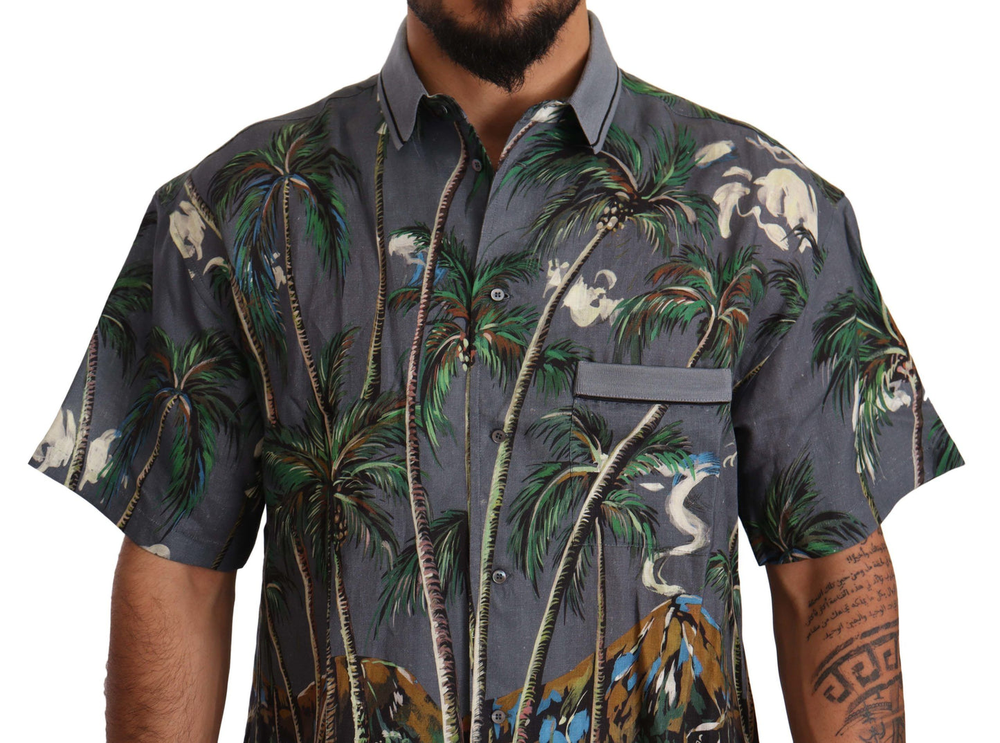 Chemise à col imprimé tropical en lin gris Dolce & Gabbana