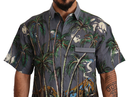Chemise à col imprimé tropical en lin gris Dolce & Gabbana
