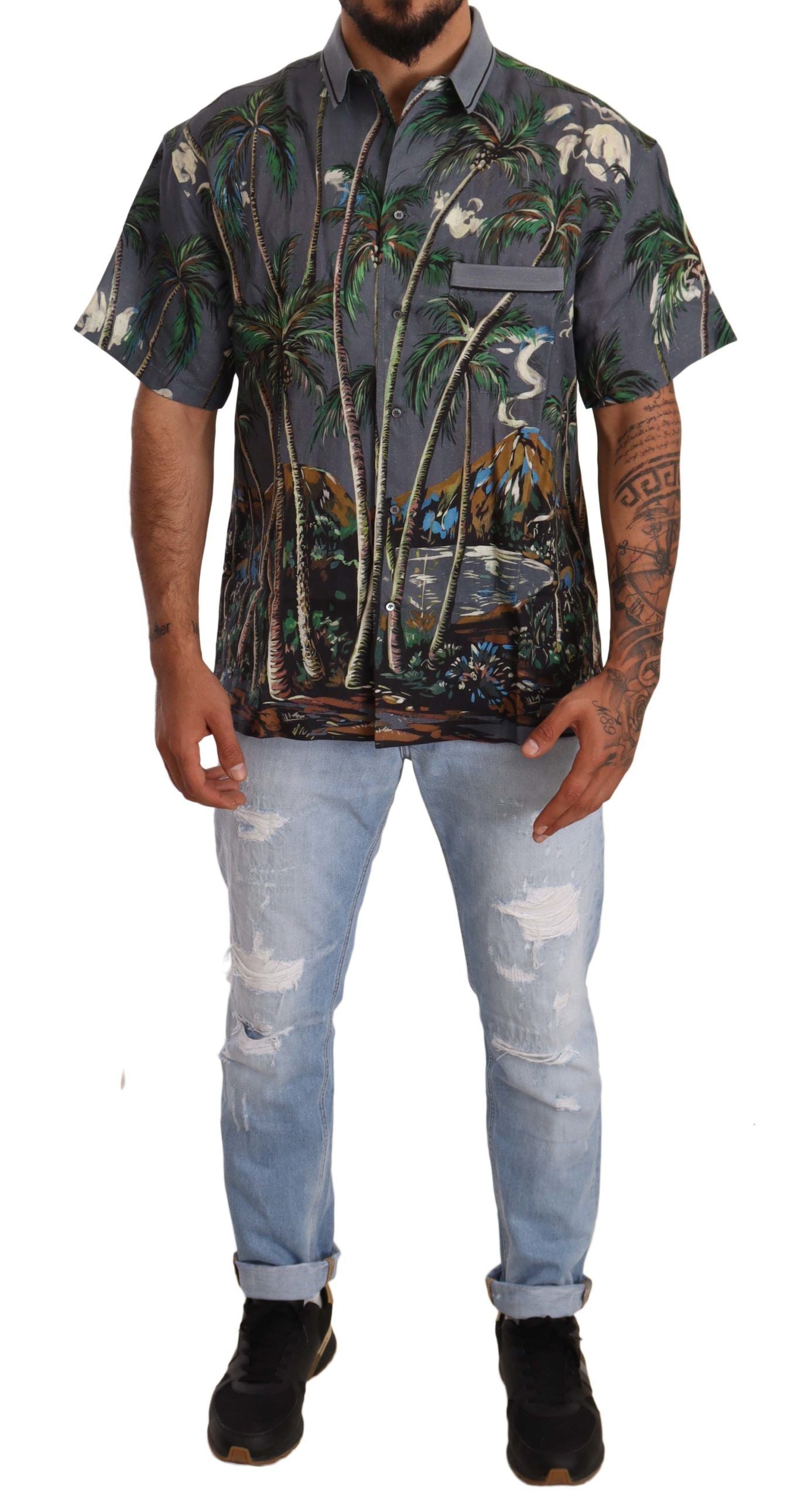 Chemise à col imprimé tropical en lin gris Dolce & Gabbana