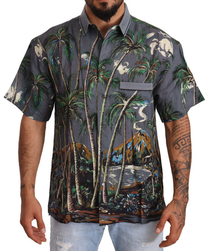 Chemise à col imprimé tropical en lin gris Dolce & Gabbana