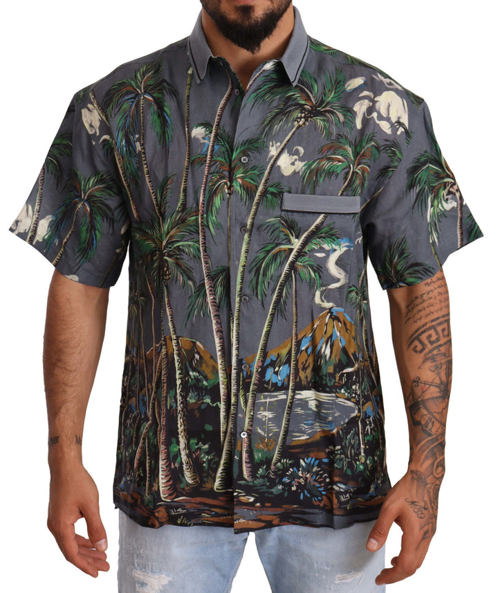 Camisa Dolce & Gabbana de lino gris con cuello y estampado tropical