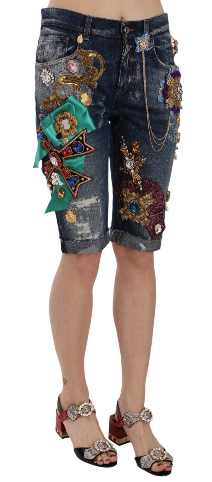 Short Capri mi-taille en jean bleu à cristaux Dolce & Gabbana