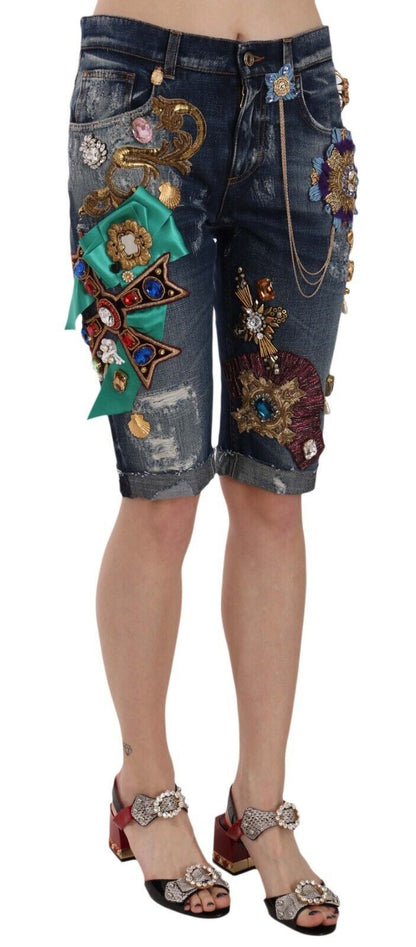 Short Capri mi-taille en jean bleu à cristaux Dolce & Gabbana