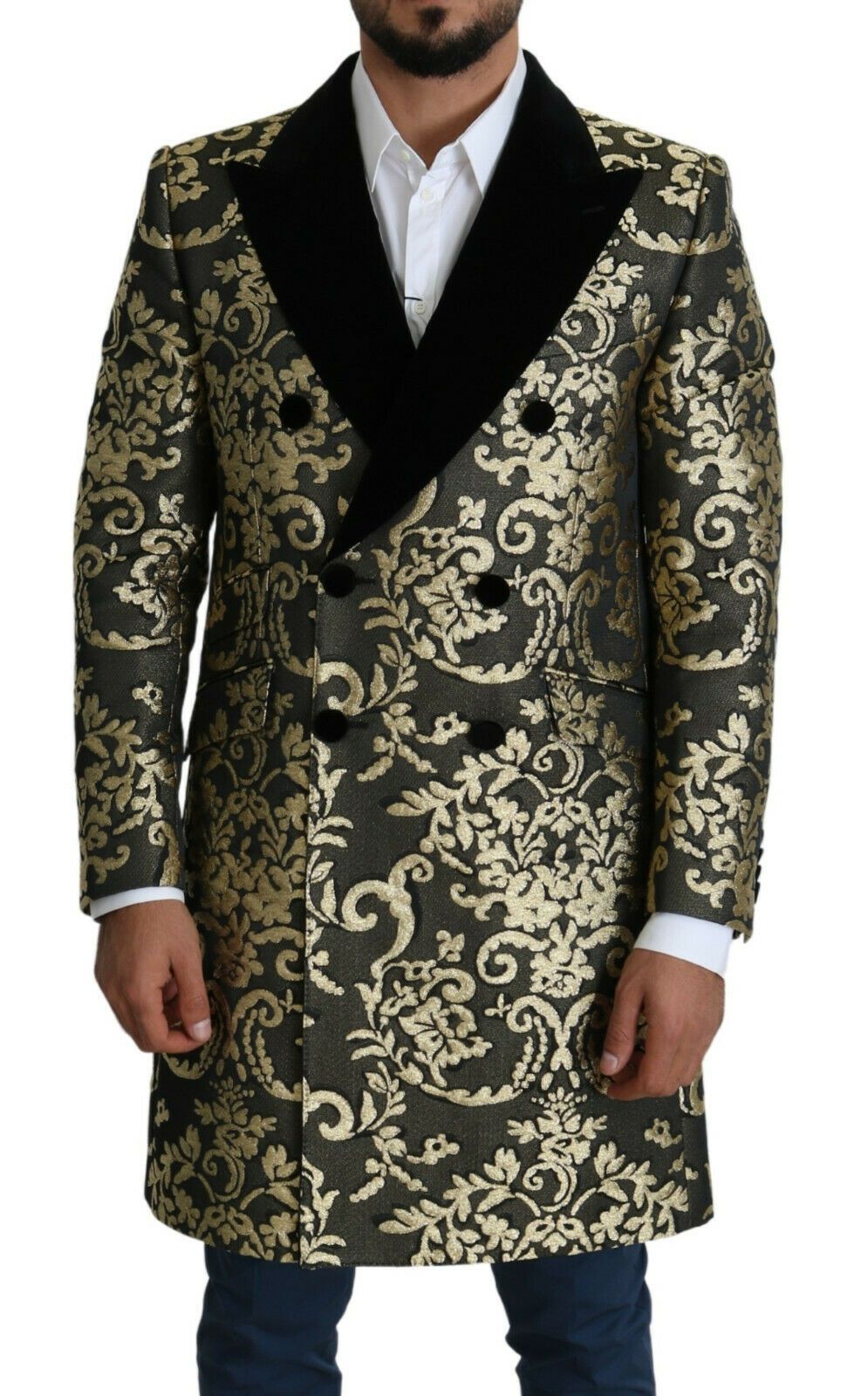 Manteau long Dolce & Gabbana en jacquard noir et or, veste SICILIA