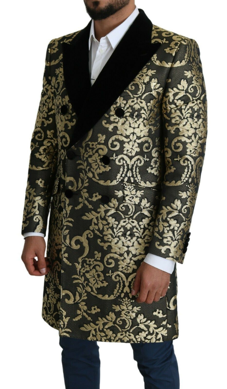 Manteau long Dolce & Gabbana en jacquard noir et or, veste SICILIA