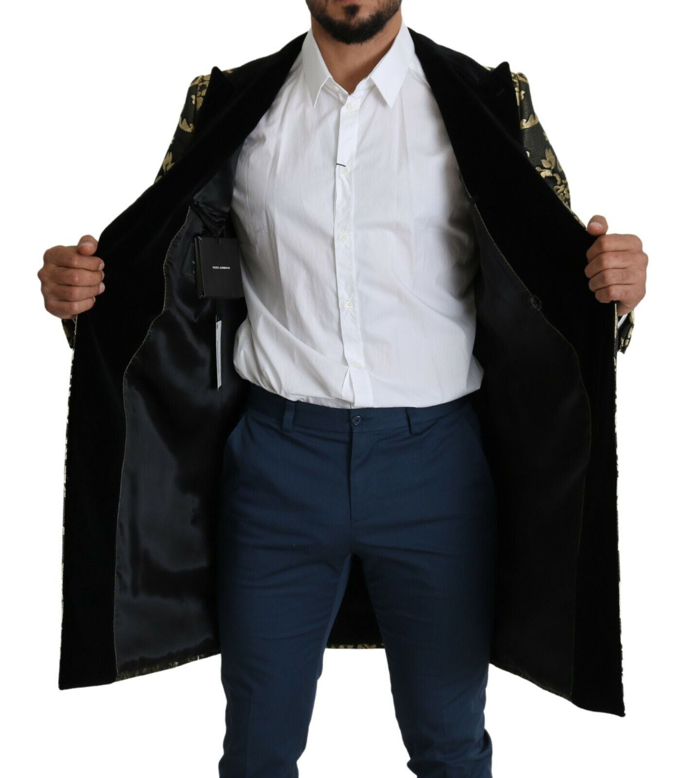 Manteau long Dolce & Gabbana en jacquard noir et or, veste SICILIA
