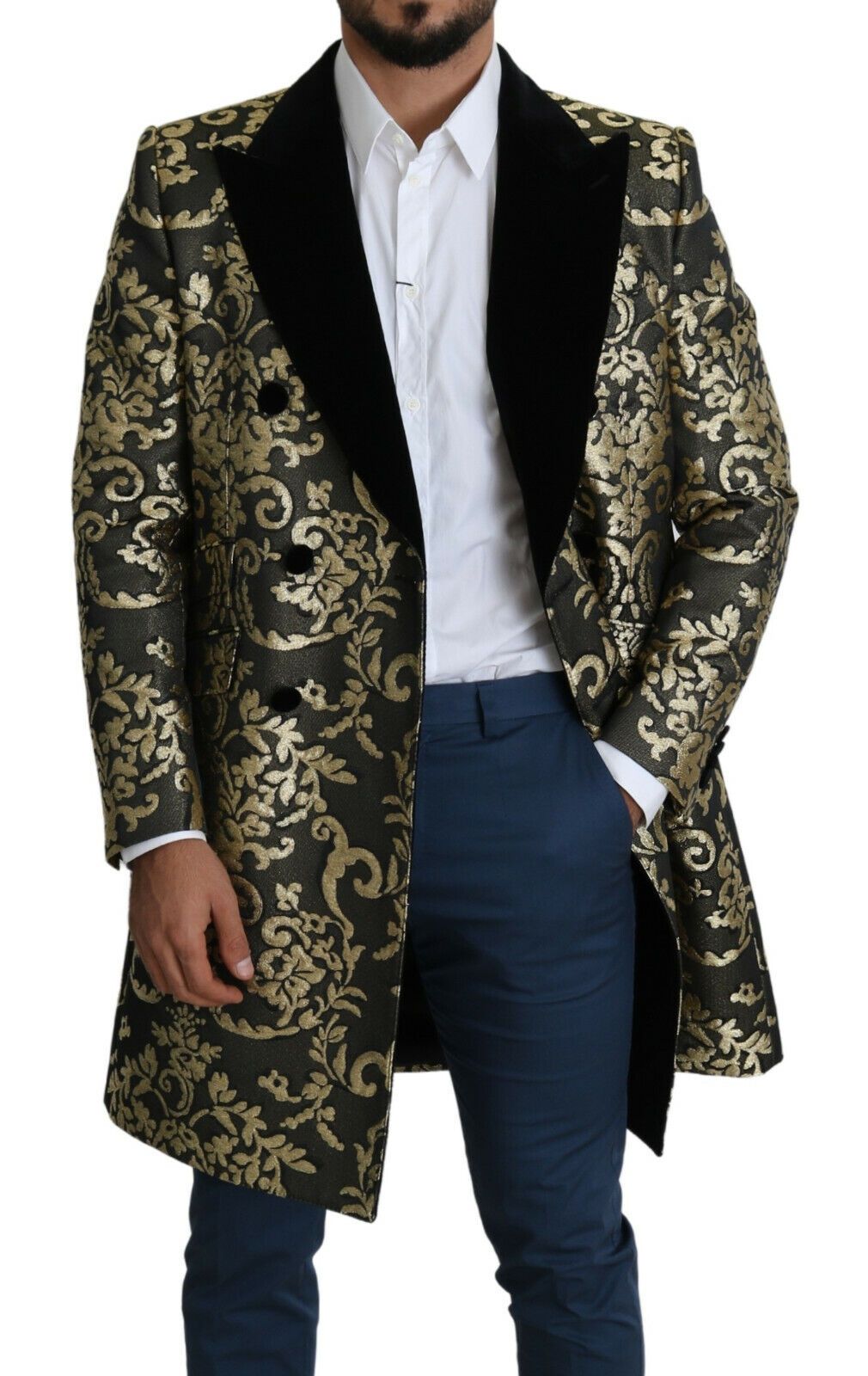 Manteau long Dolce & Gabbana en jacquard noir et or, veste SICILIA
