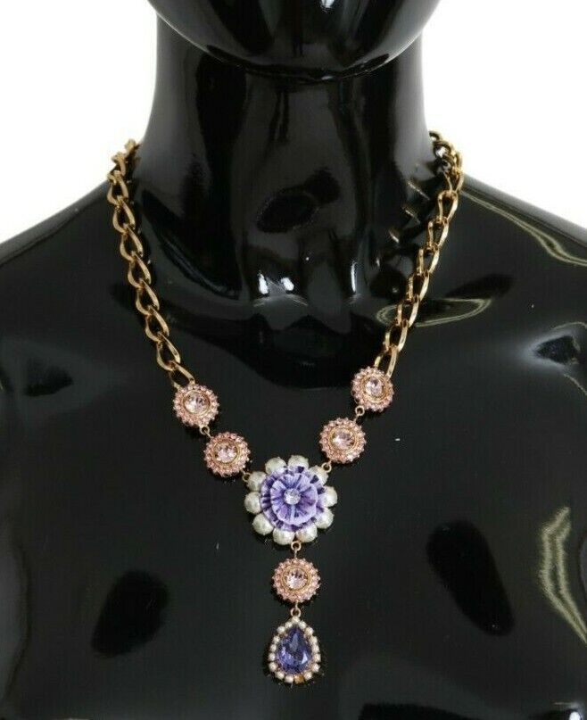 Pendentifs Dolce & Gabbana en laiton or rose, cristal et perle violette