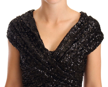 Robe longue Dolce & Gabbana noire à sequins, épaules dénudées