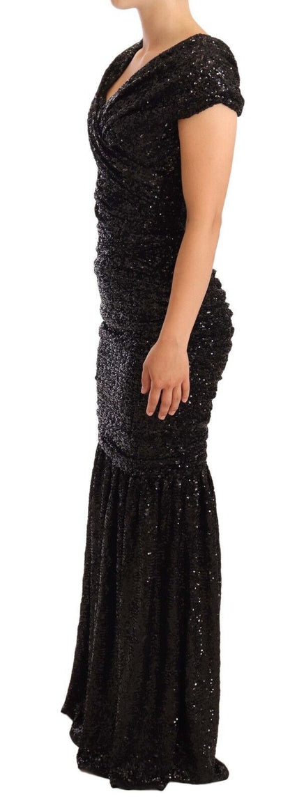 Robe longue Dolce & Gabbana noire à sequins, épaules dénudées