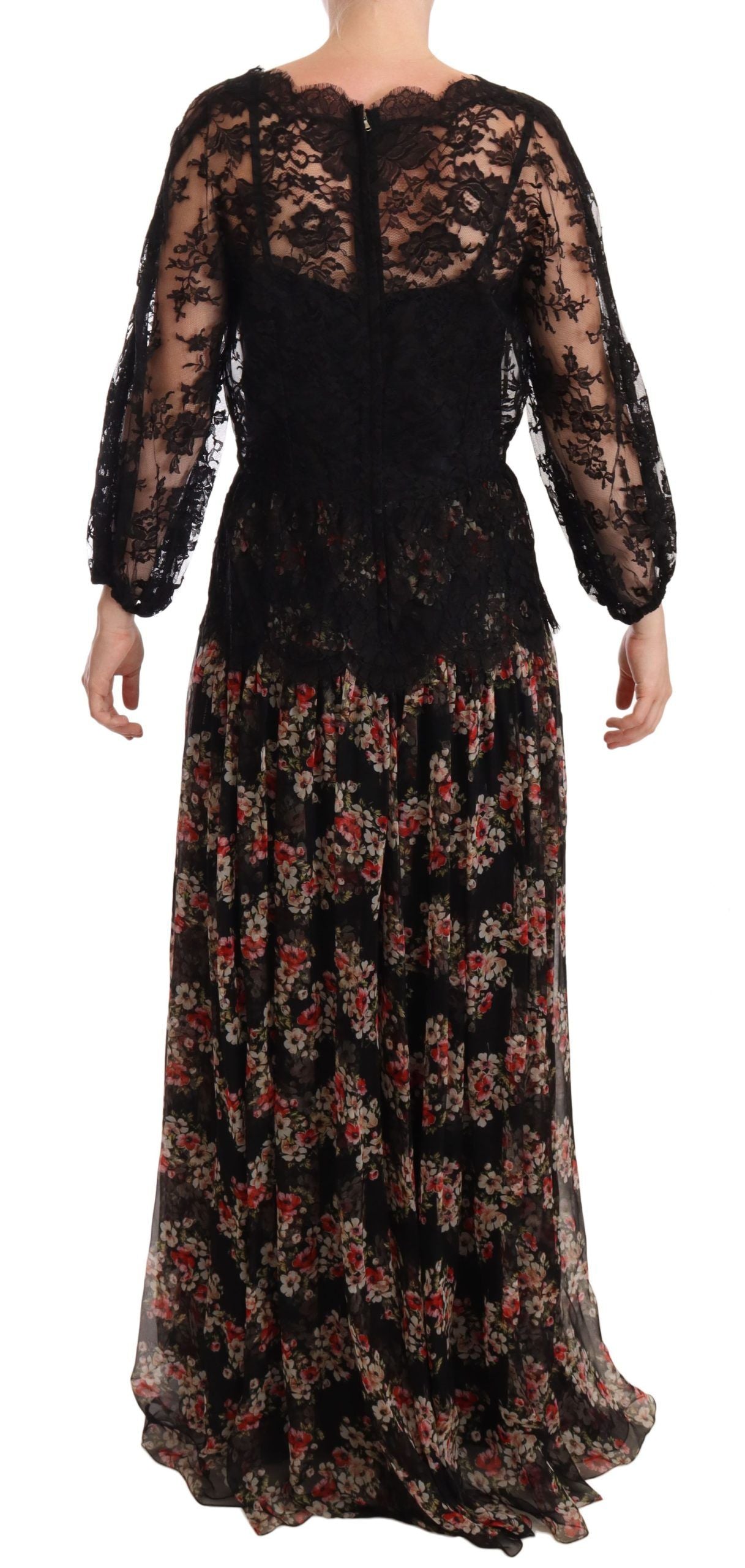 Robe longue Capri Dolce & Gabbana en dentelle noire à motif floral et pois