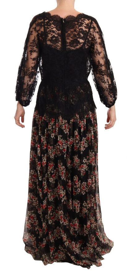 Robe longue Capri Dolce & Gabbana en dentelle noire à motif floral et pois