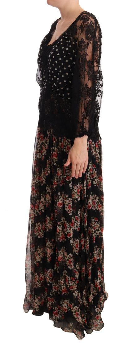 Robe longue Capri Dolce & Gabbana en dentelle noire à motif floral et pois