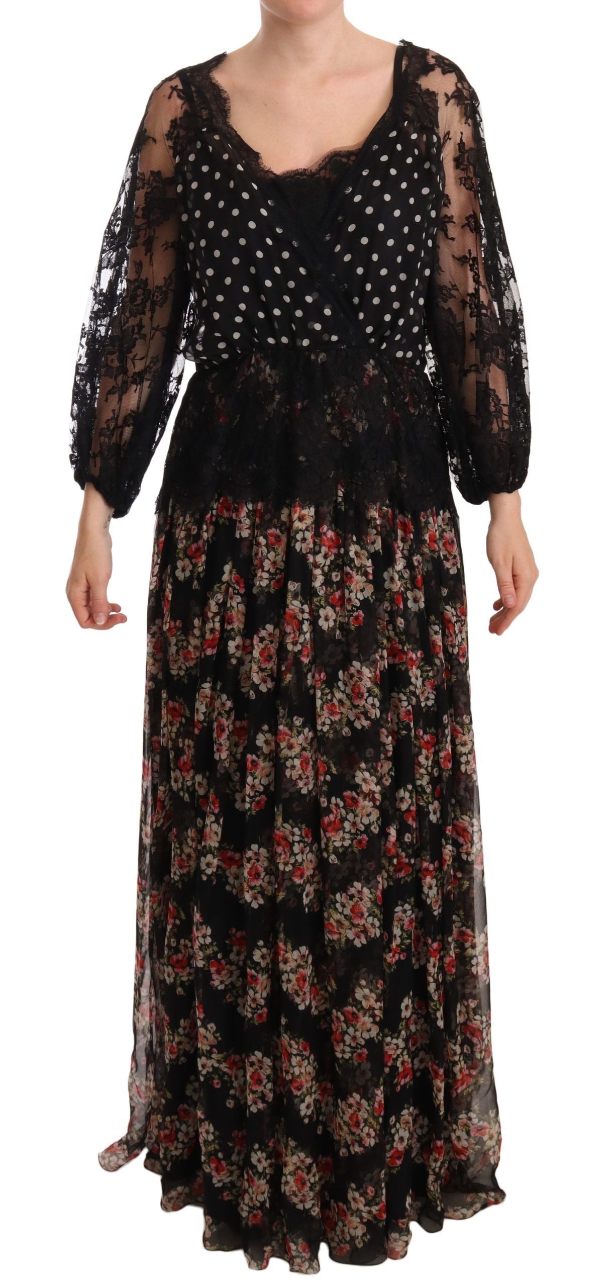 Robe longue Capri Dolce & Gabbana en dentelle noire à motif floral et pois