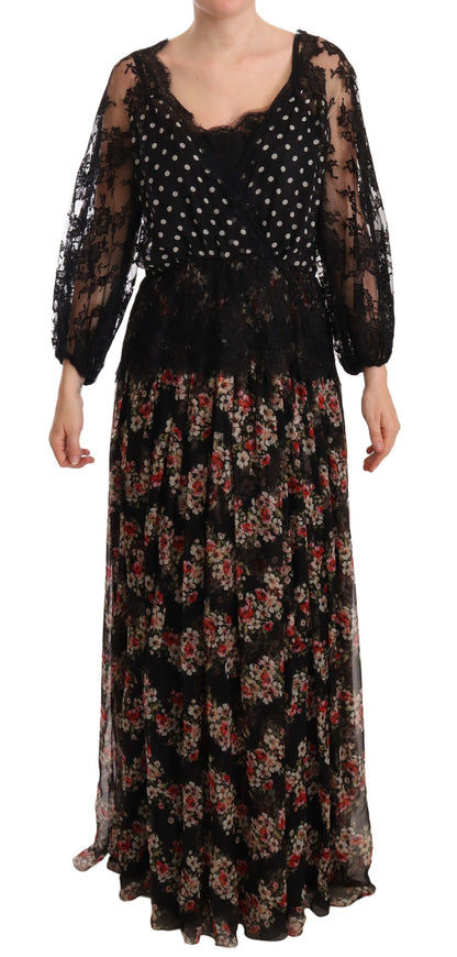 Robe longue Capri Dolce & Gabbana en dentelle noire à motif floral et pois