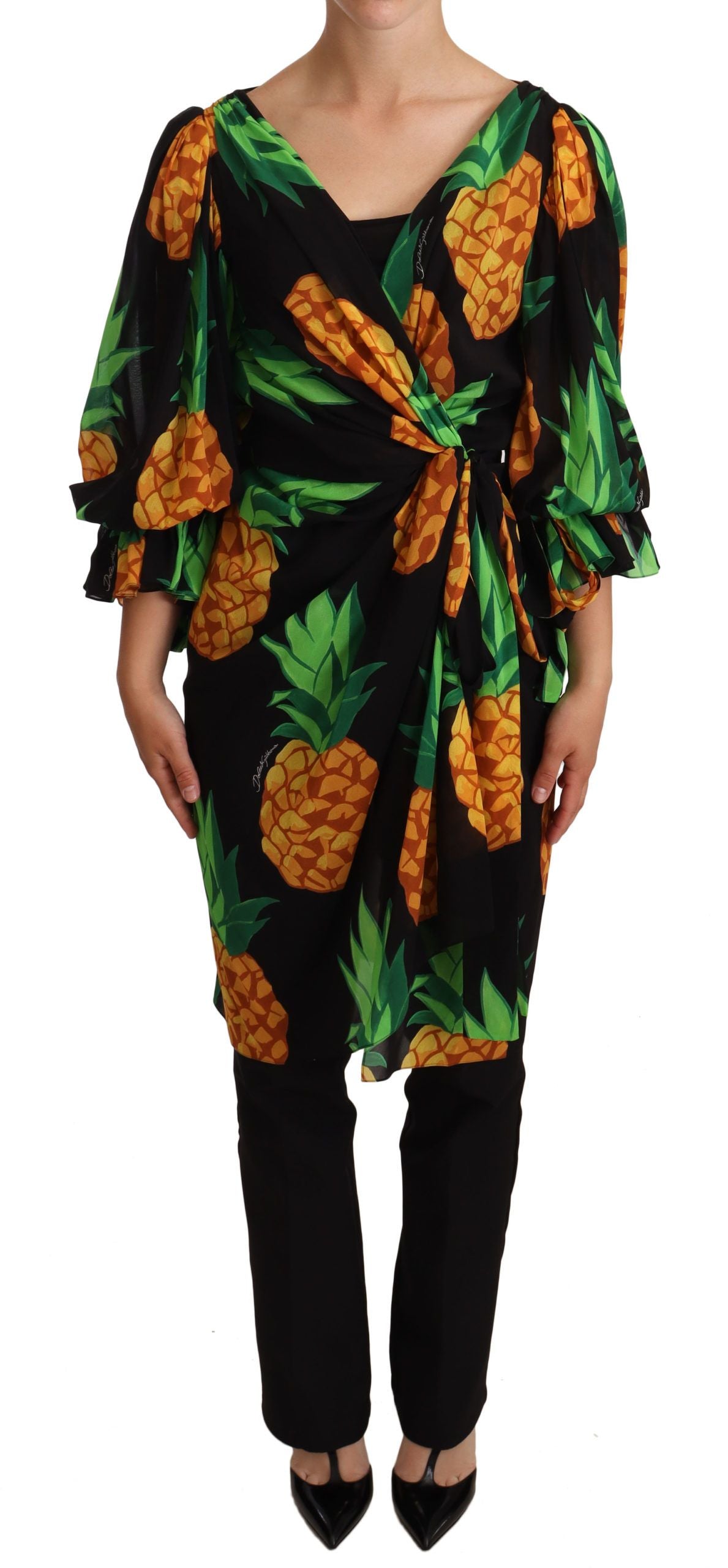 Robe en soie extensible Dolce & Gabbana noire imprimée ananas à nouer