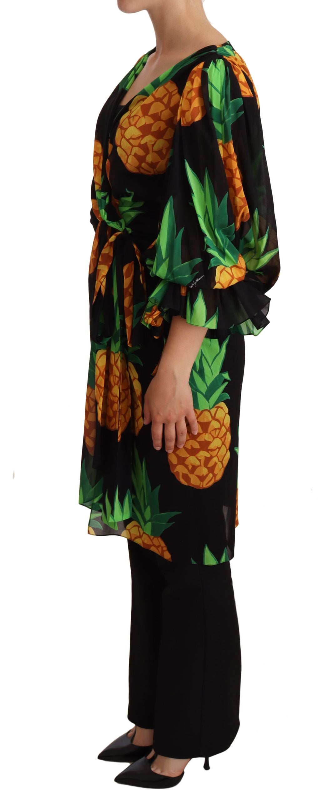 Robe en soie extensible Dolce & Gabbana noire imprimée ananas à nouer