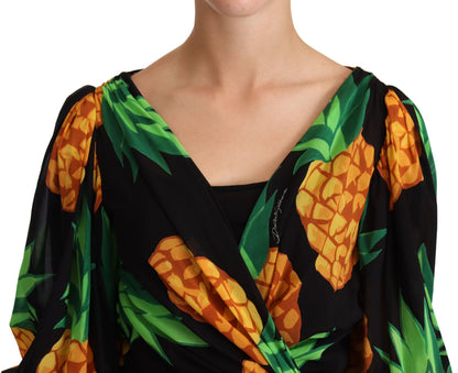 Robe en soie extensible Dolce & Gabbana noire imprimée ananas à nouer