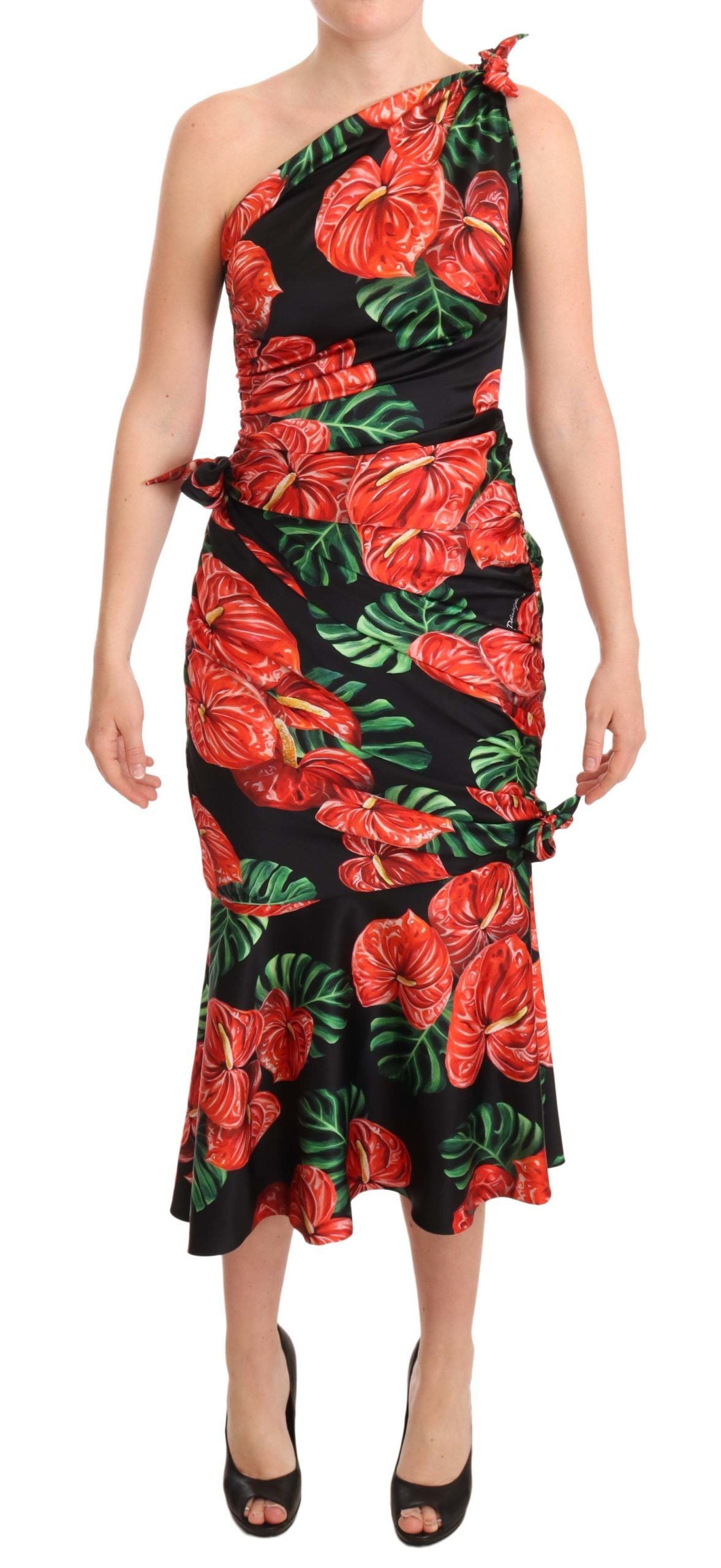 Robe drapée Dolce & Gabbana en soie noire brillante à imprimé floral
