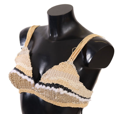 Haut de plage en crochet tissé de raphia et paille beige Dolce & Gabbana