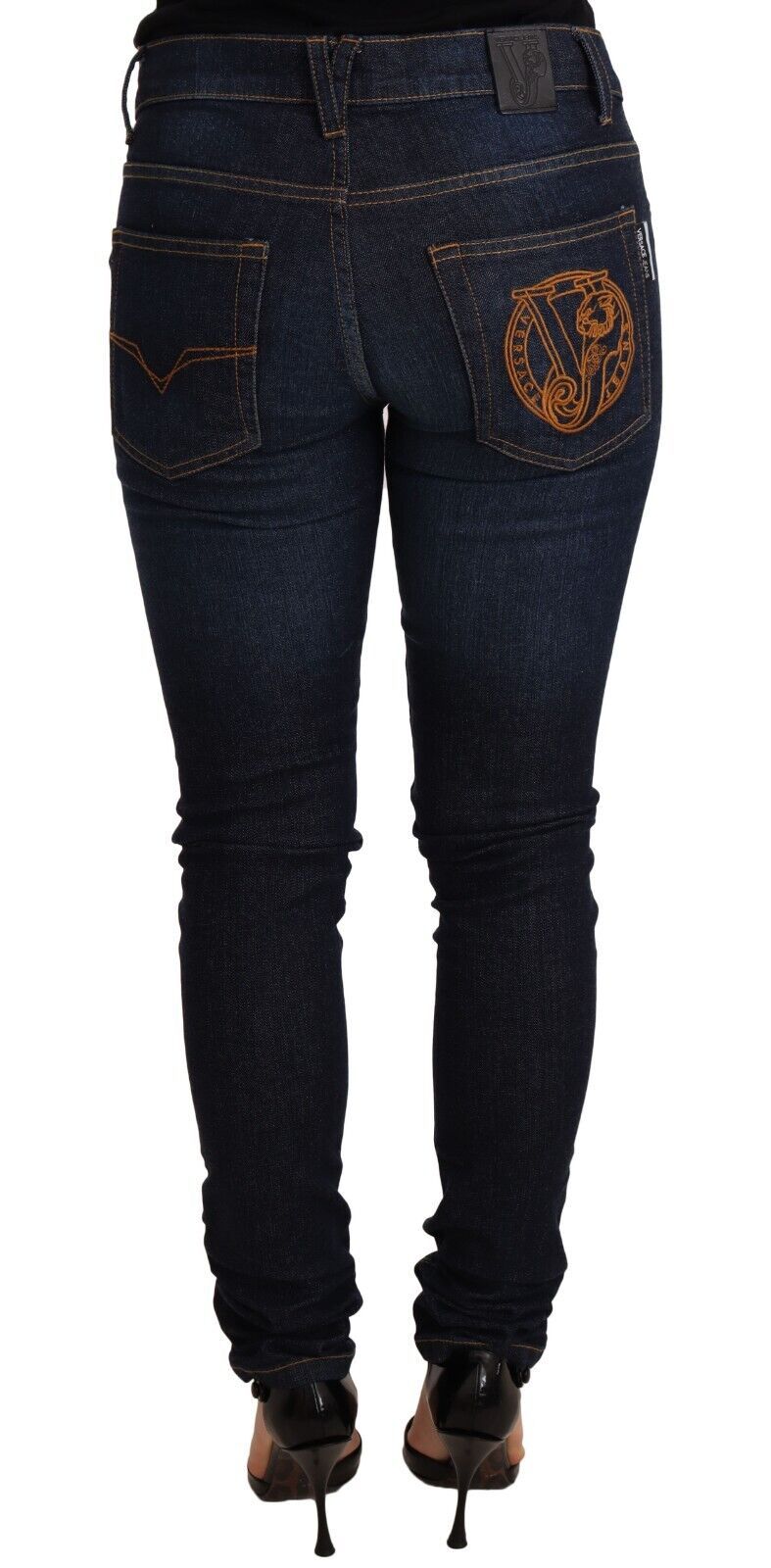 Jeans skinny en jean de coton bleu foncé taille basse Versace Jeans