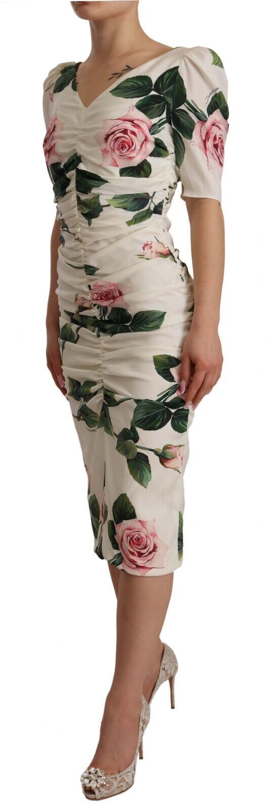 Robe plissée Dolce & Gabbana en soie stretch imprimé roses blanches