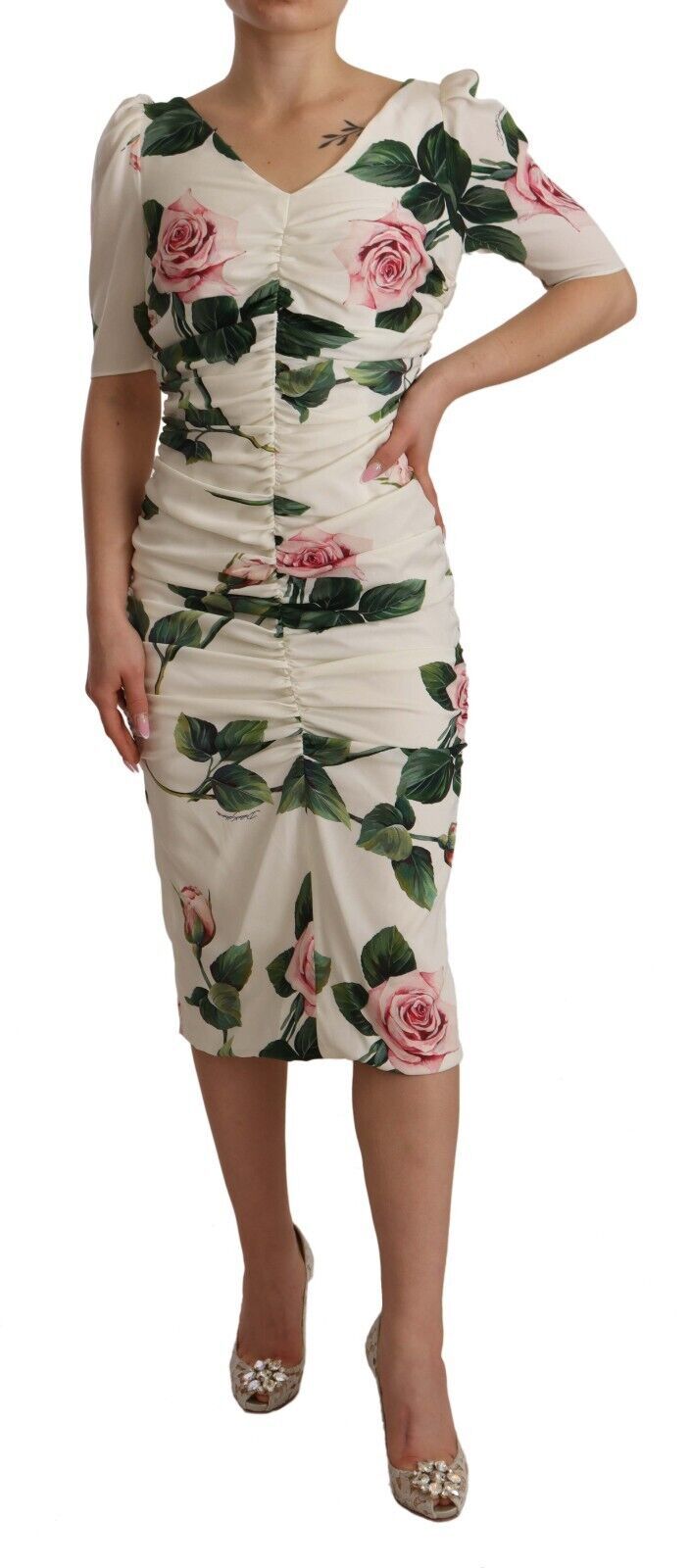 Robe plissée Dolce & Gabbana en soie stretch imprimé roses blanches