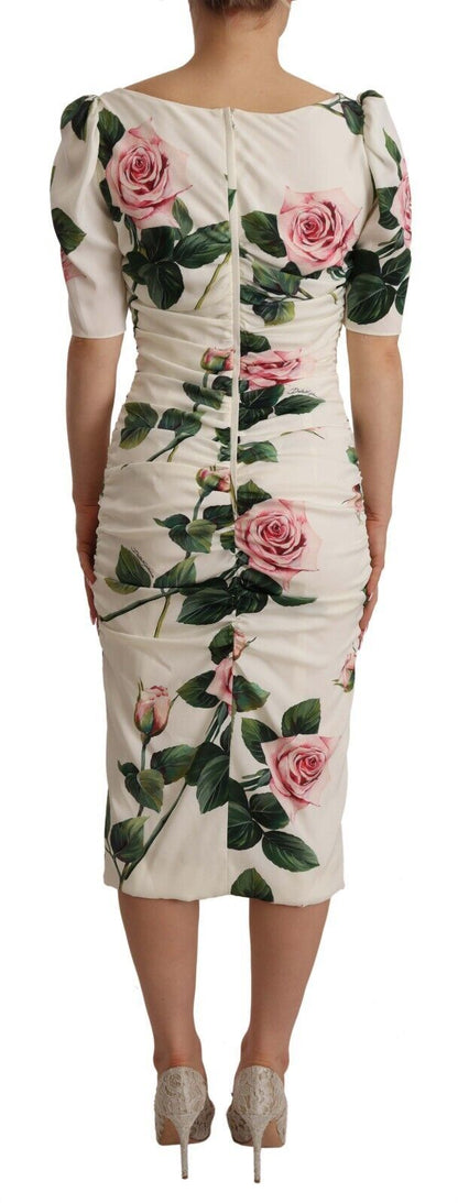 Robe plissée Dolce & Gabbana en soie stretch imprimé roses blanches