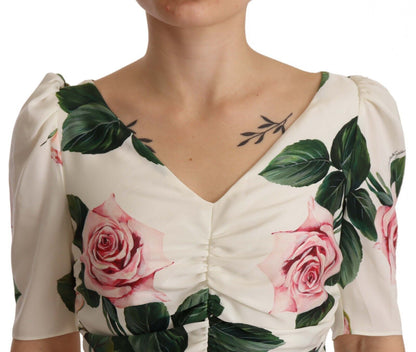 Robe plissée Dolce & Gabbana en soie stretch imprimé roses blanches