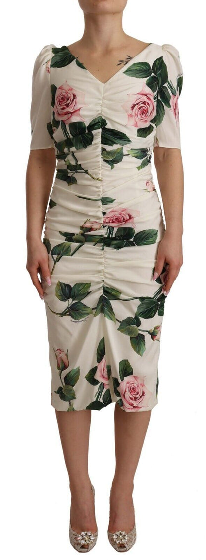 Robe plissée Dolce & Gabbana en soie stretch imprimé roses blanches