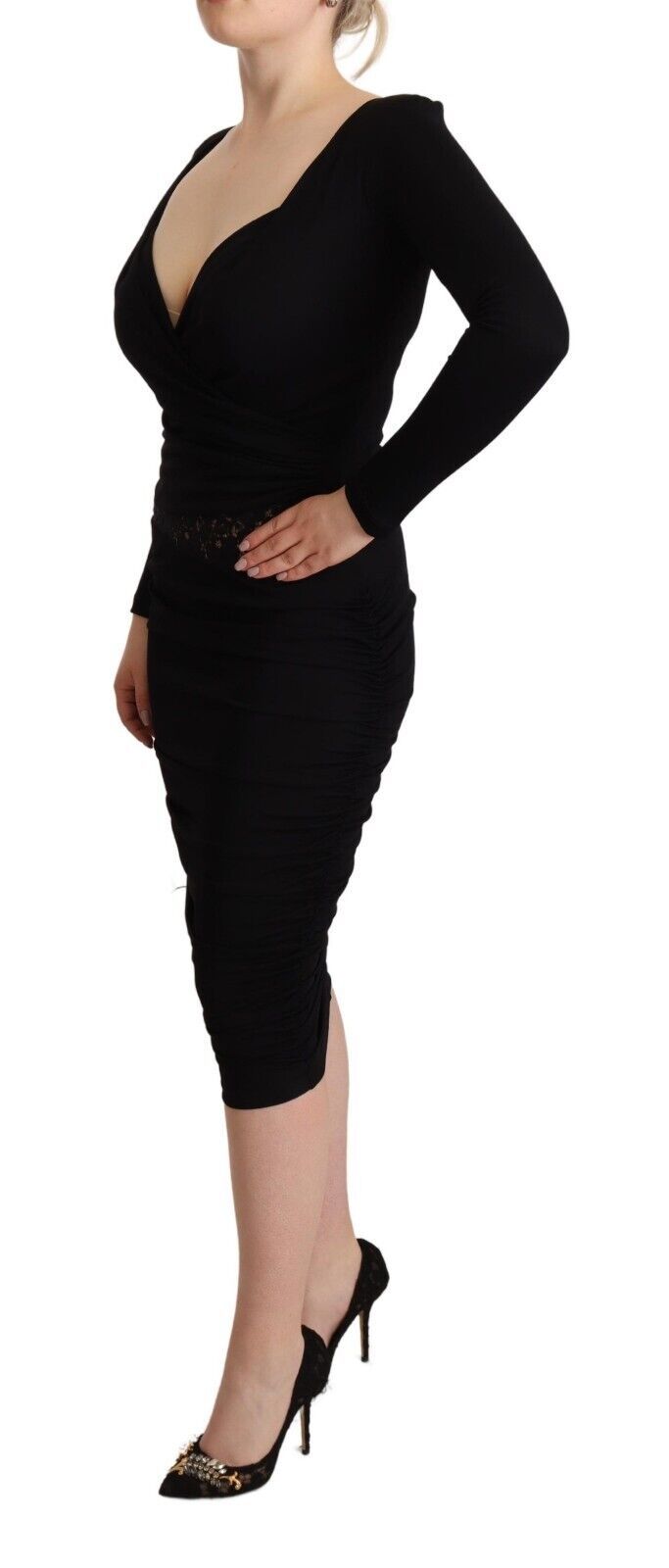 GF Ferre Black Long Sleeves Sweetheart Neck Midi Dress