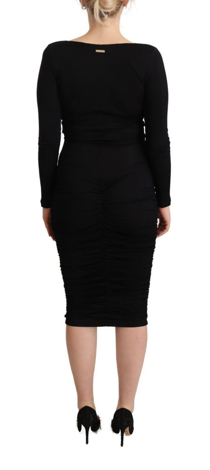 GF Ferre Black Long Sleeves Sweetheart Neck Midi Dress