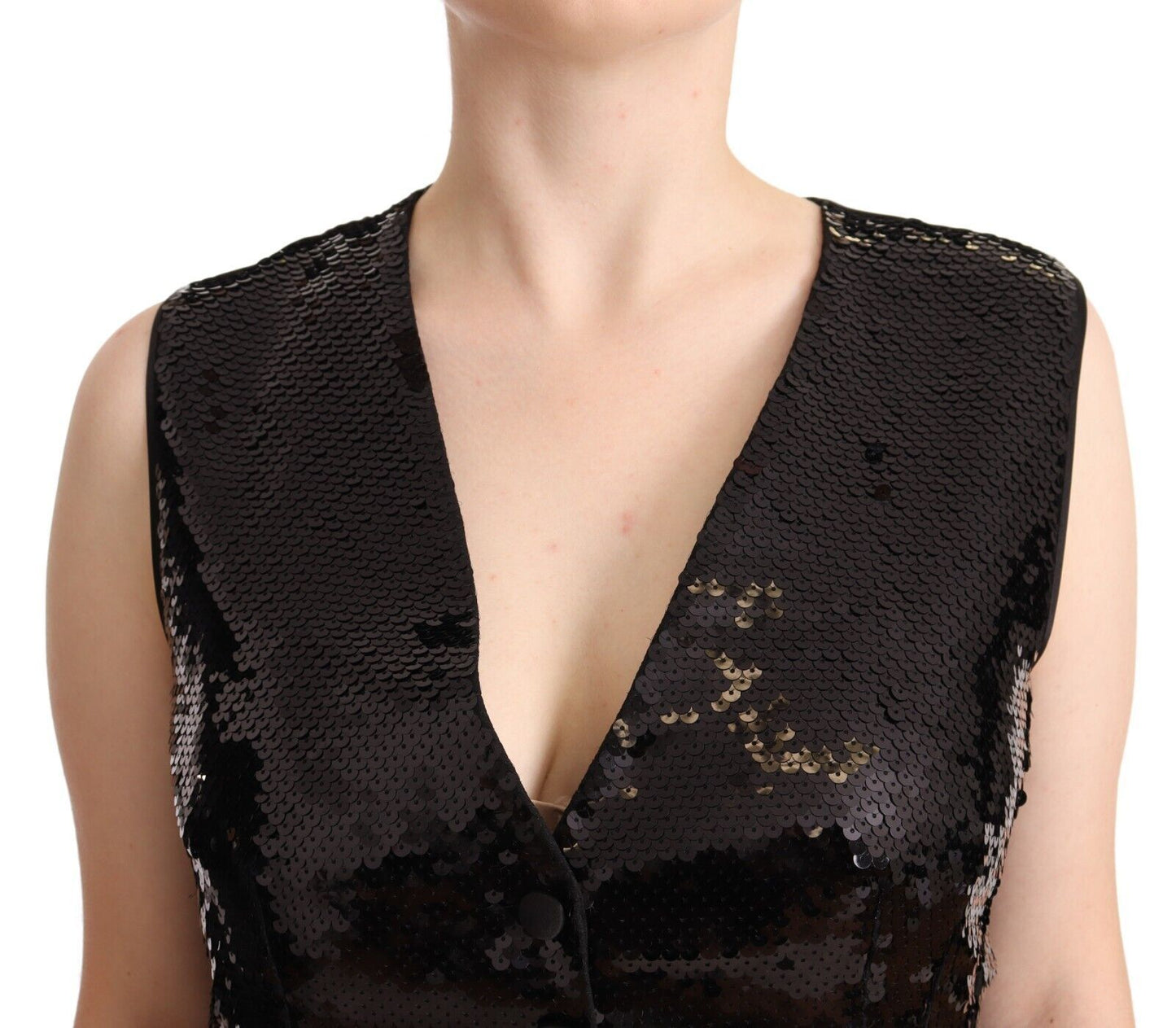 Haut court sans manches à sequins noirs col en V Dolce & Gabbana